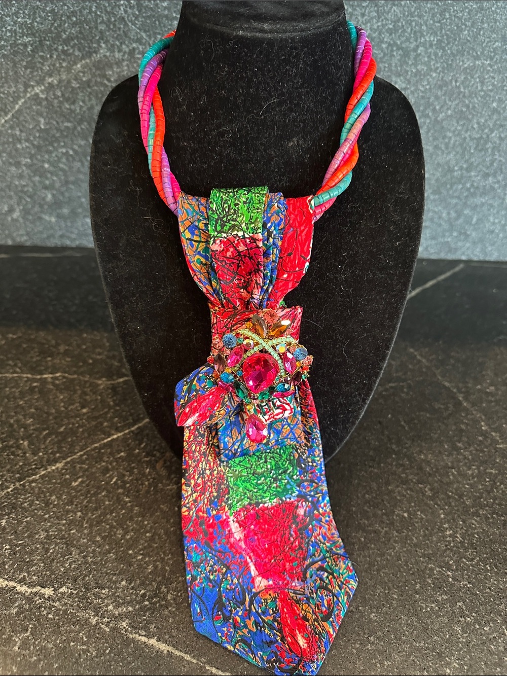 Silk Tabasco tie beautiful  beaded necklace with  multicolored rhinestone brooch